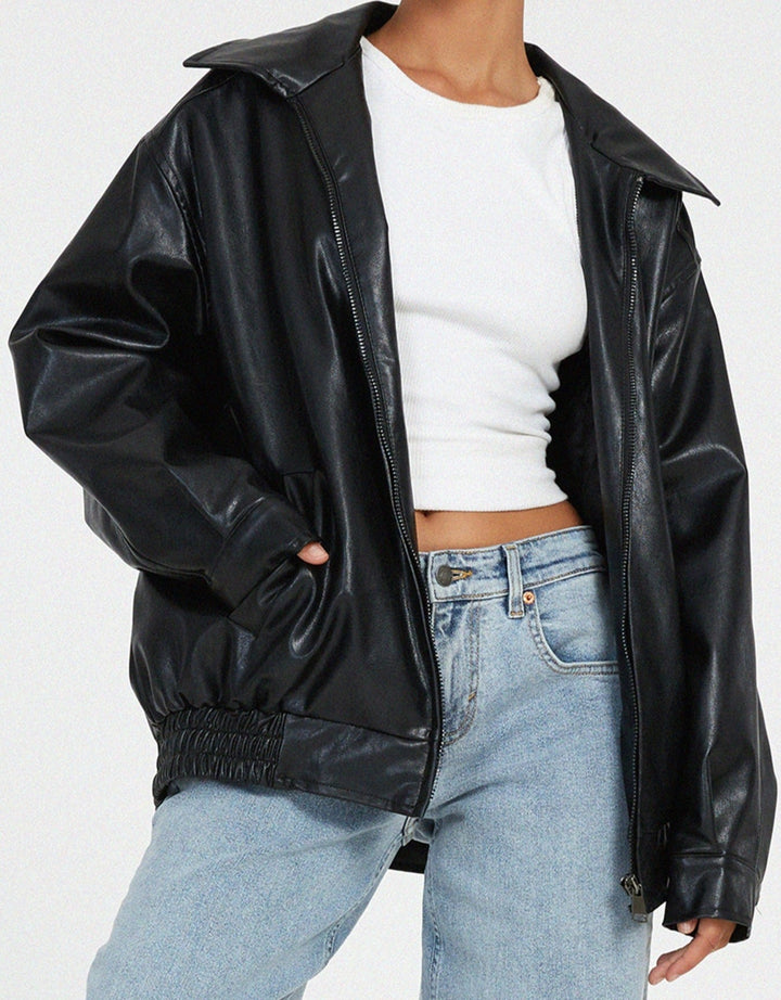 Lässige Oversize Lederjacke mit Reissverschluss für Damen