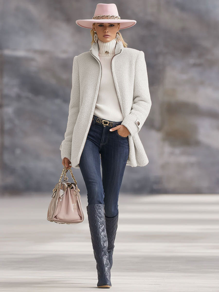 Warme Lange Teddy Fleecejacke mit Stehkragen für Damen