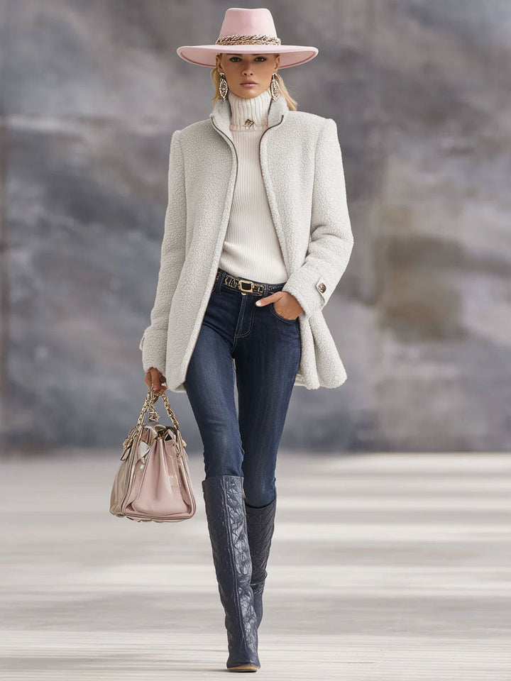 Warme Lange Teddy Fleecejacke mit Stehkragen für Damen