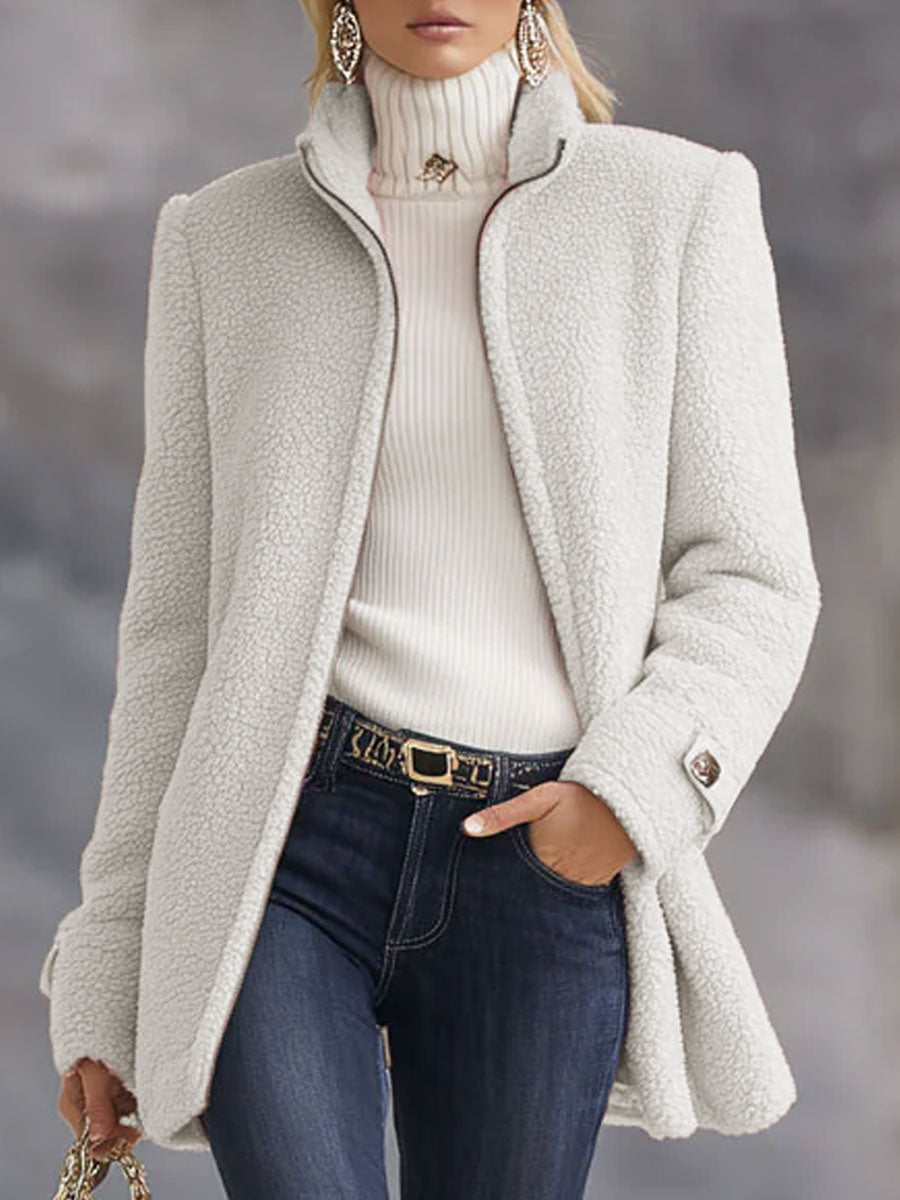 Warme Lange Teddy Fleecejacke mit Stehkragen für Damen