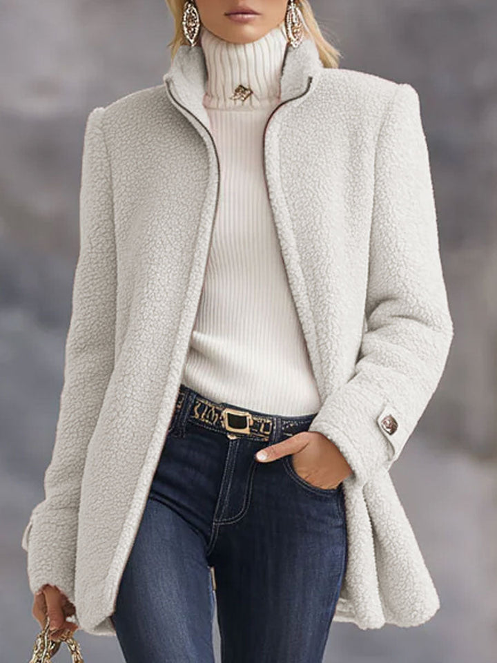 Warme Lange Teddy Fleecejacke mit Stehkragen für Damen