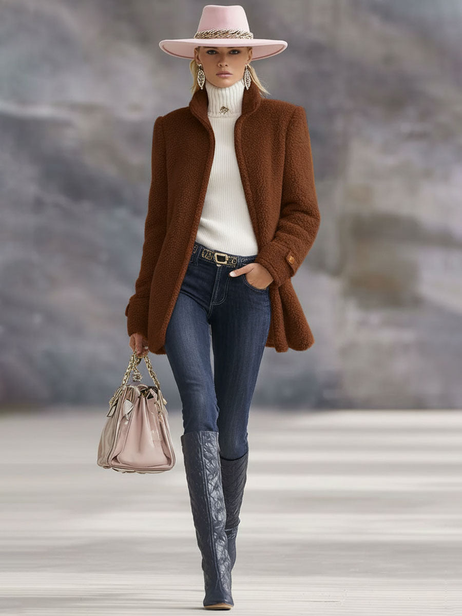 Warme Lange Teddy Fleecejacke mit Stehkragen für Damen