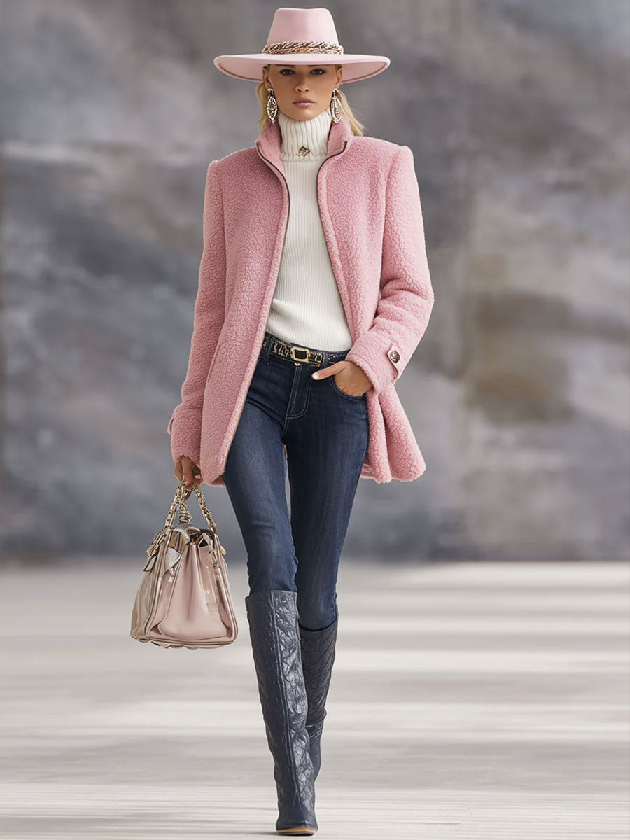 Warme Lange Teddy Fleecejacke mit Stehkragen für Damen