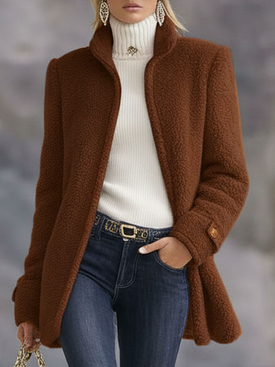 Warme Lange Teddy Fleecejacke mit Stehkragen für Damen