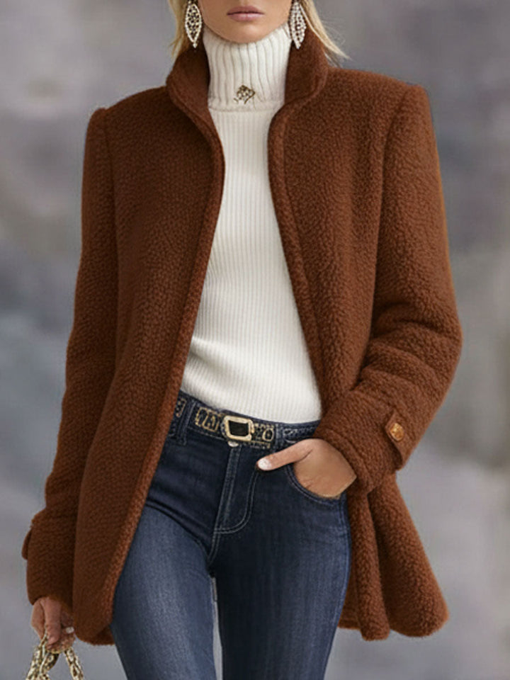 Warme Lange Teddy Fleecejacke mit Stehkragen für Damen