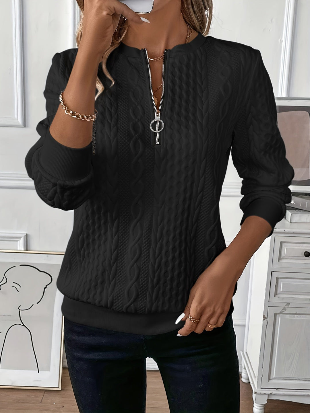 Gemütlicher Zopfstrickpullover mit Reissverschluss für Damen