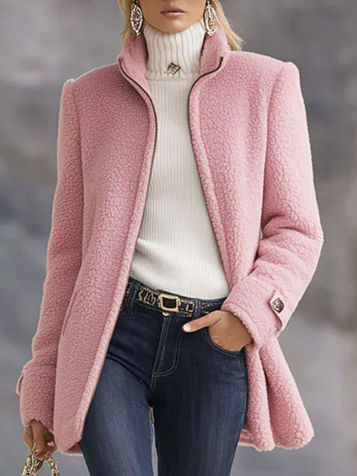 Warme Lange Teddy Fleecejacke mit Stehkragen für Damen