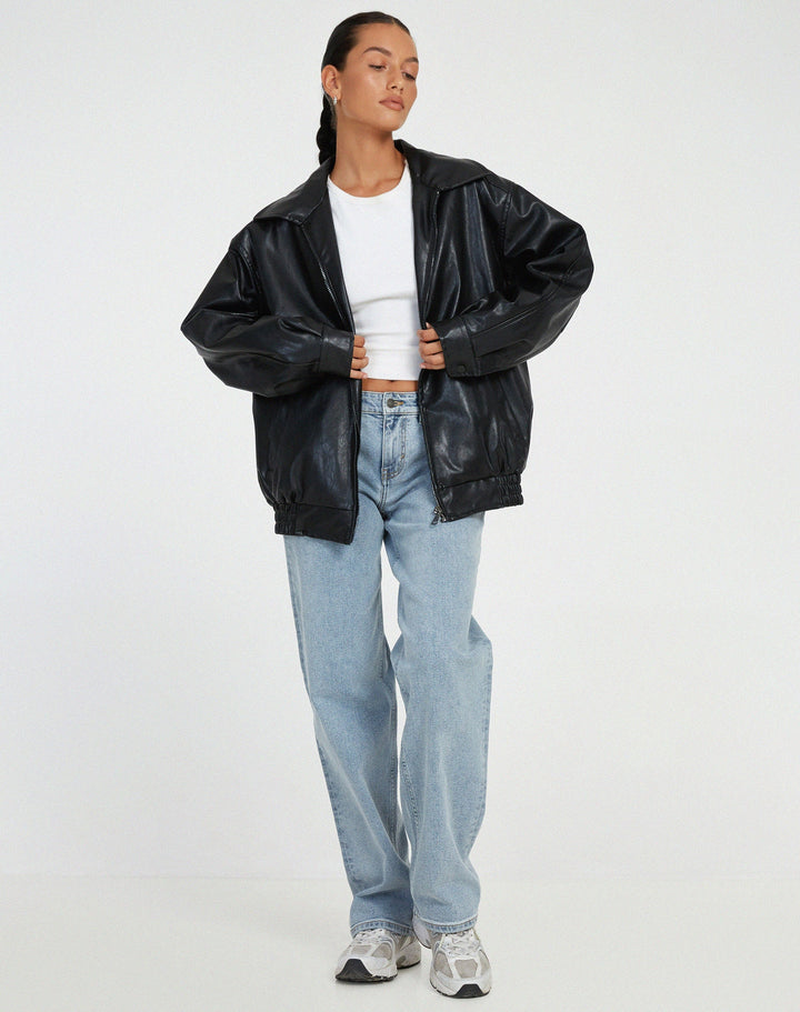 Lässige Oversize Lederjacke mit Reissverschluss für Damen