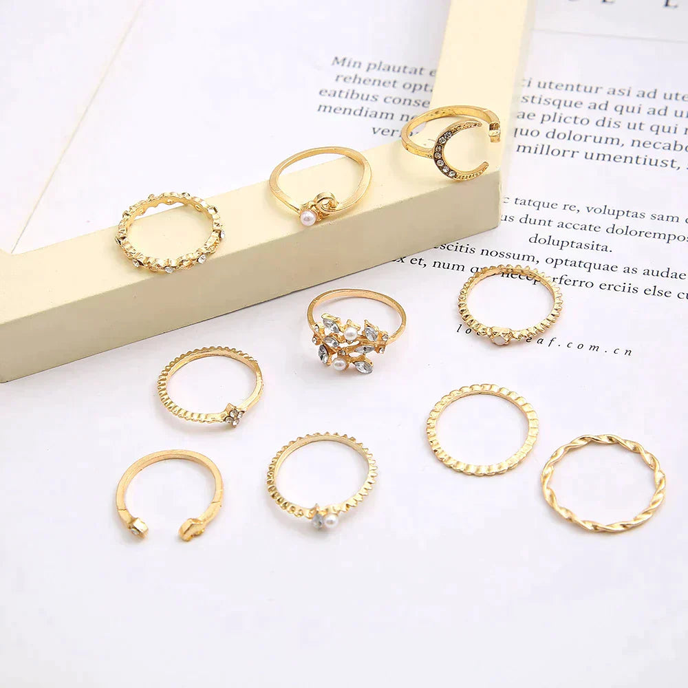 10-Teiliges Böhmisches Ringset In Silberfarben Und Goldfarben