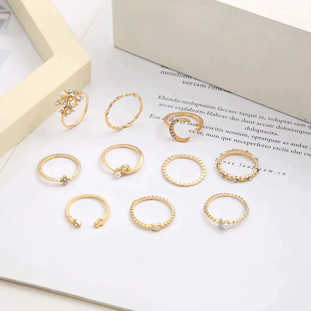 10-Teiliges Böhmisches Ringset In Silberfarben Und Goldfarben