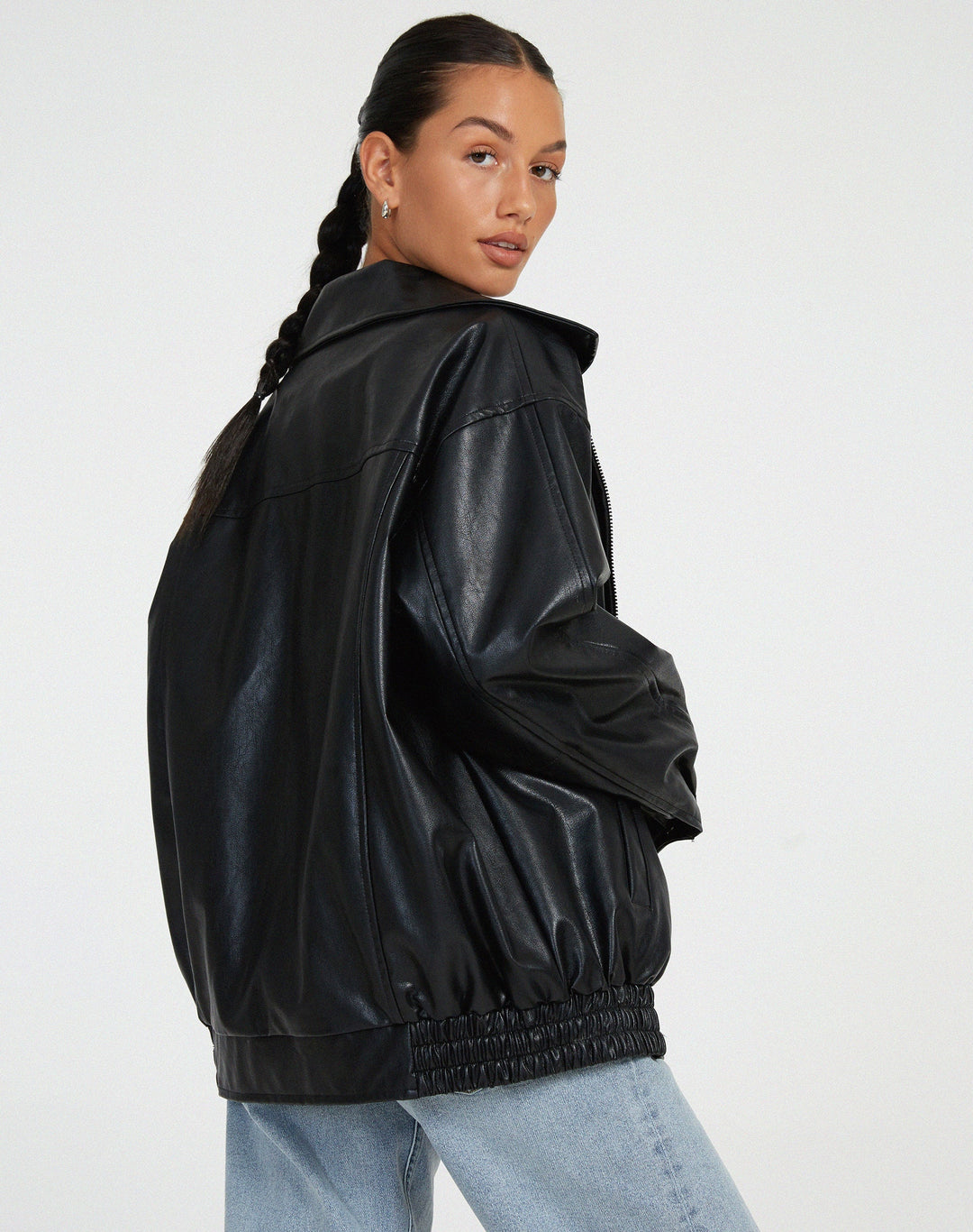 Lässige Oversize Lederjacke mit Reissverschluss für Damen