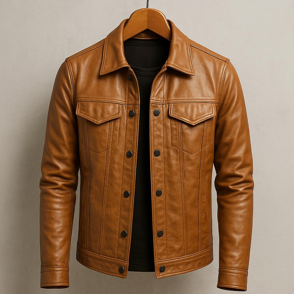 Klassische Leder Bikerjacke mit Knöpfen für Herren