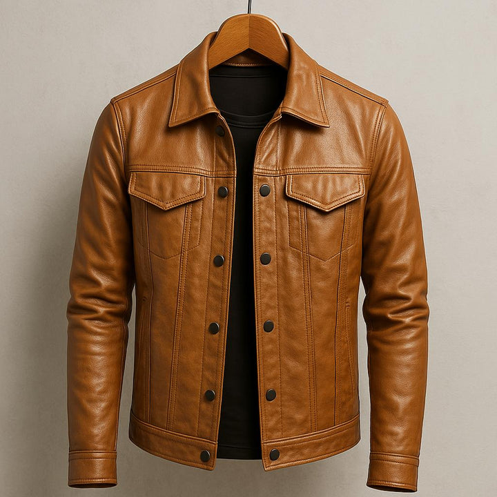 Klassische Leder Bikerjacke mit Knöpfen für Herren