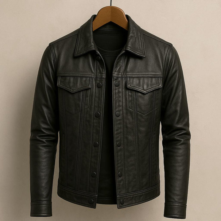 Klassische Leder Bikerjacke mit Knöpfen für Herren