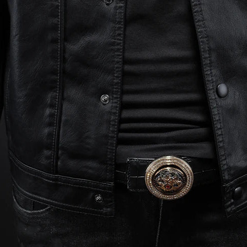 Klassische Leder Bikerjacke mit Knöpfen für Herren