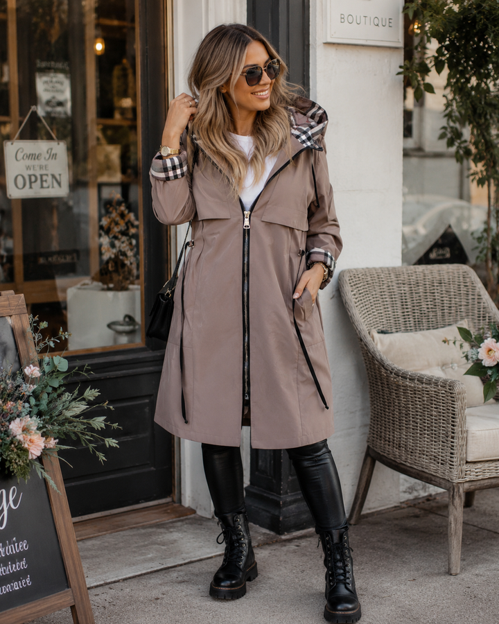 Klassischer Trenchcoat mit Kapuze und Reissverschluss für Damen
