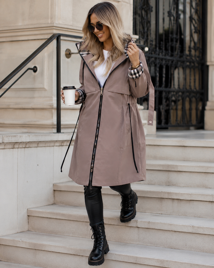 Klassischer Trenchcoat mit Kapuze und Reissverschluss für Damen