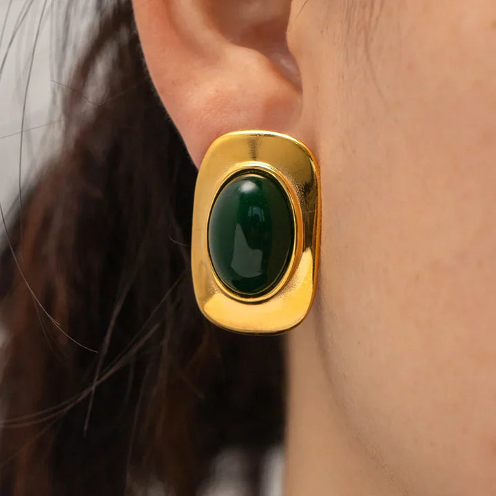 Vintage 18K Goldfarbene Grüne Opal Oval Ohrringe