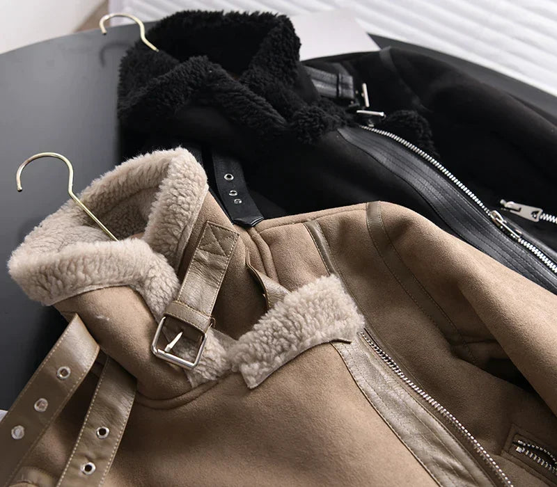 Warme Gefütterte Lederjacke aus Wildleder für Damen