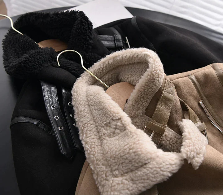 Warme Gefütterte Lederjacke aus Wildleder für Damen