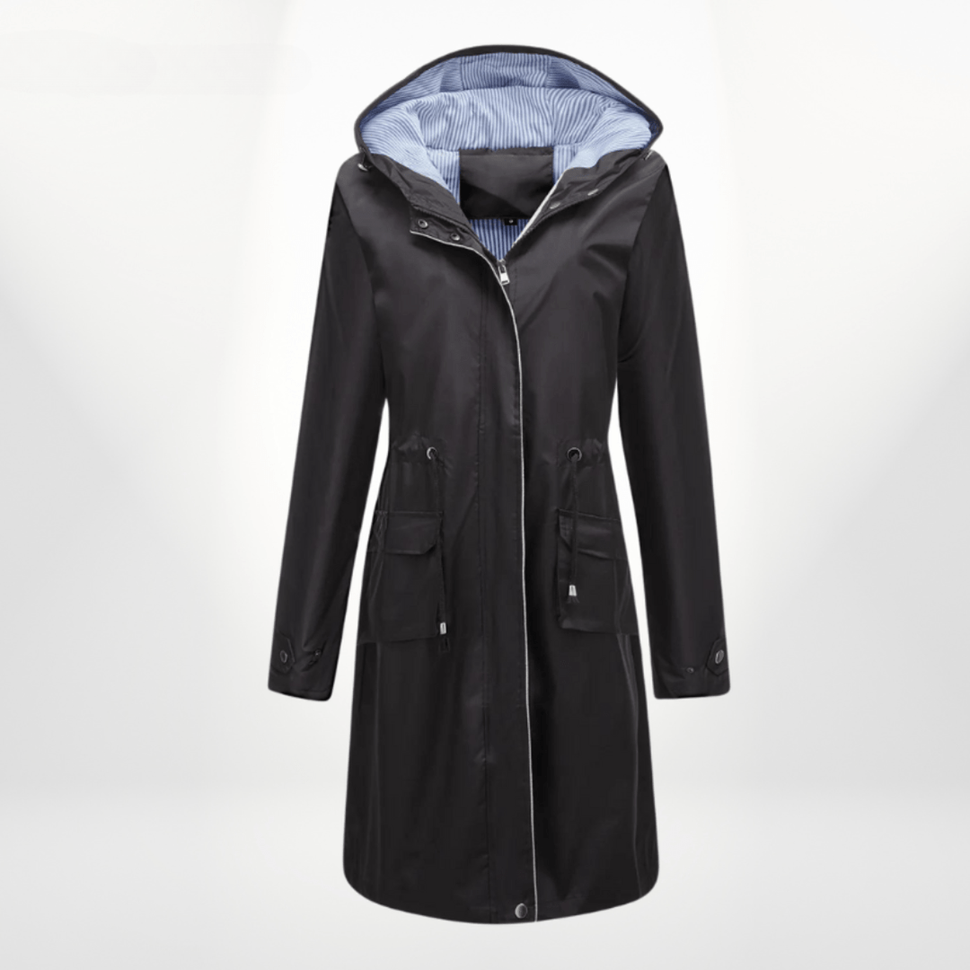 Klassische Lange Gefütterte Regenjacke mit Kapuze für Damen