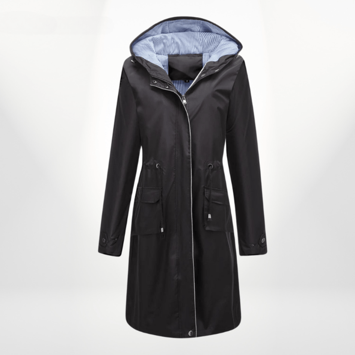 Klassische Lange Gefütterte Regenjacke mit Kapuze für Damen