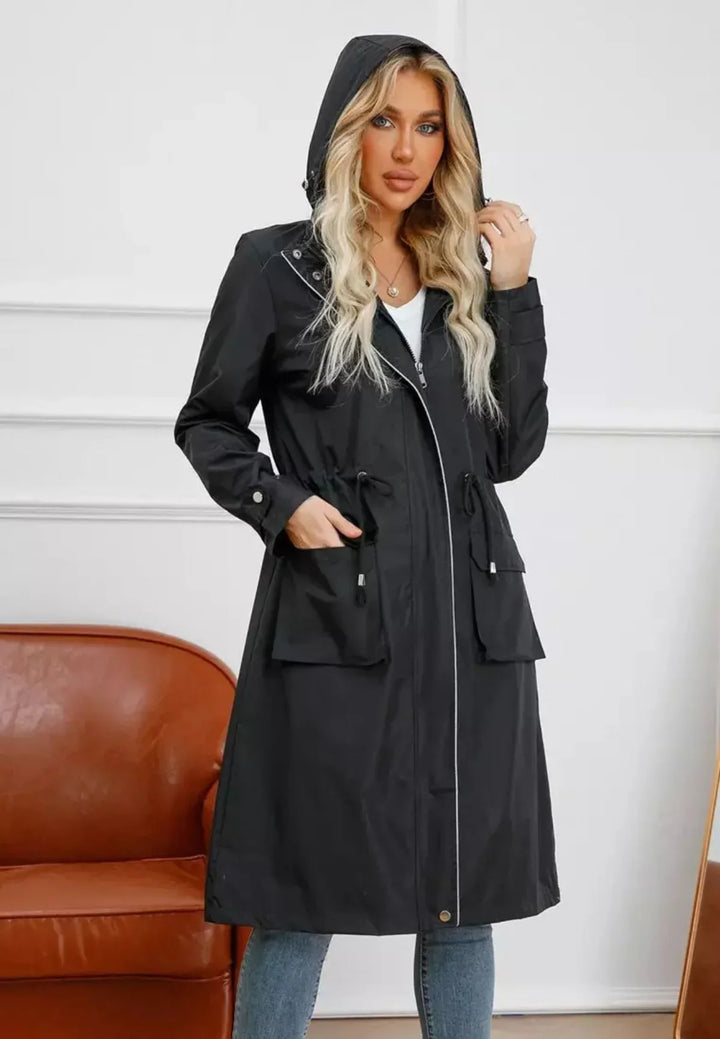 Klassische Lange Gefütterte Regenjacke mit Kapuze für Damen