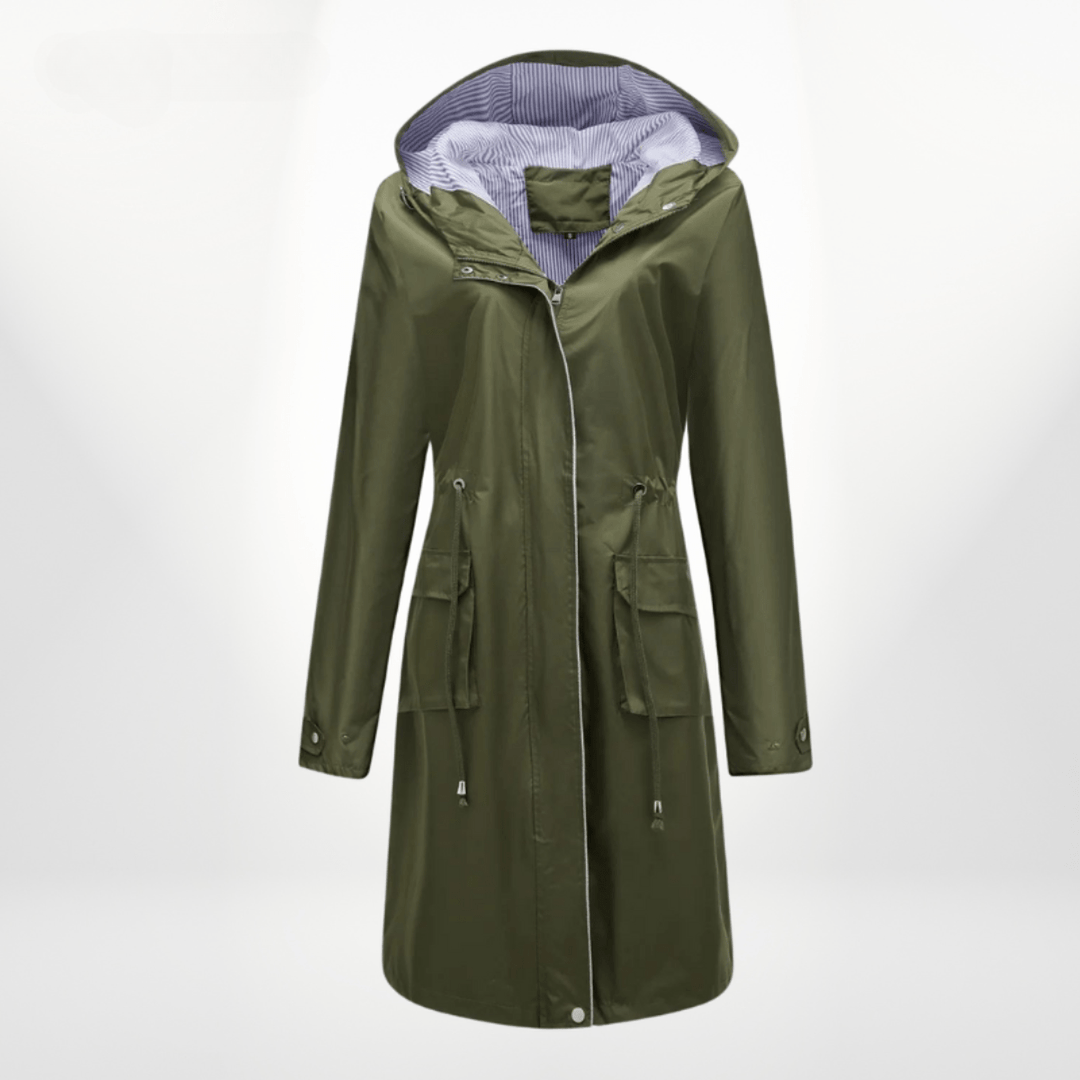Klassische Lange Gefütterte Regenjacke mit Kapuze für Damen