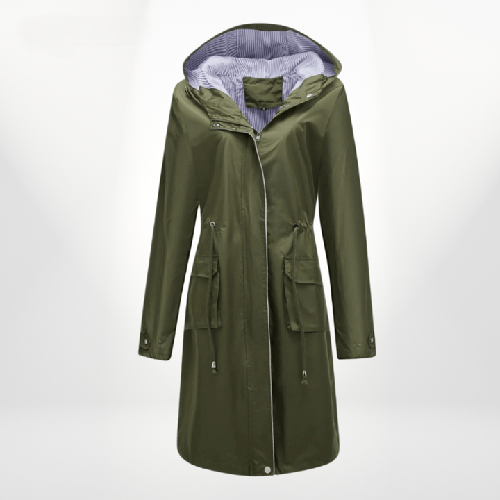 Klassische Lange Gefütterte Regenjacke mit Kapuze für Damen