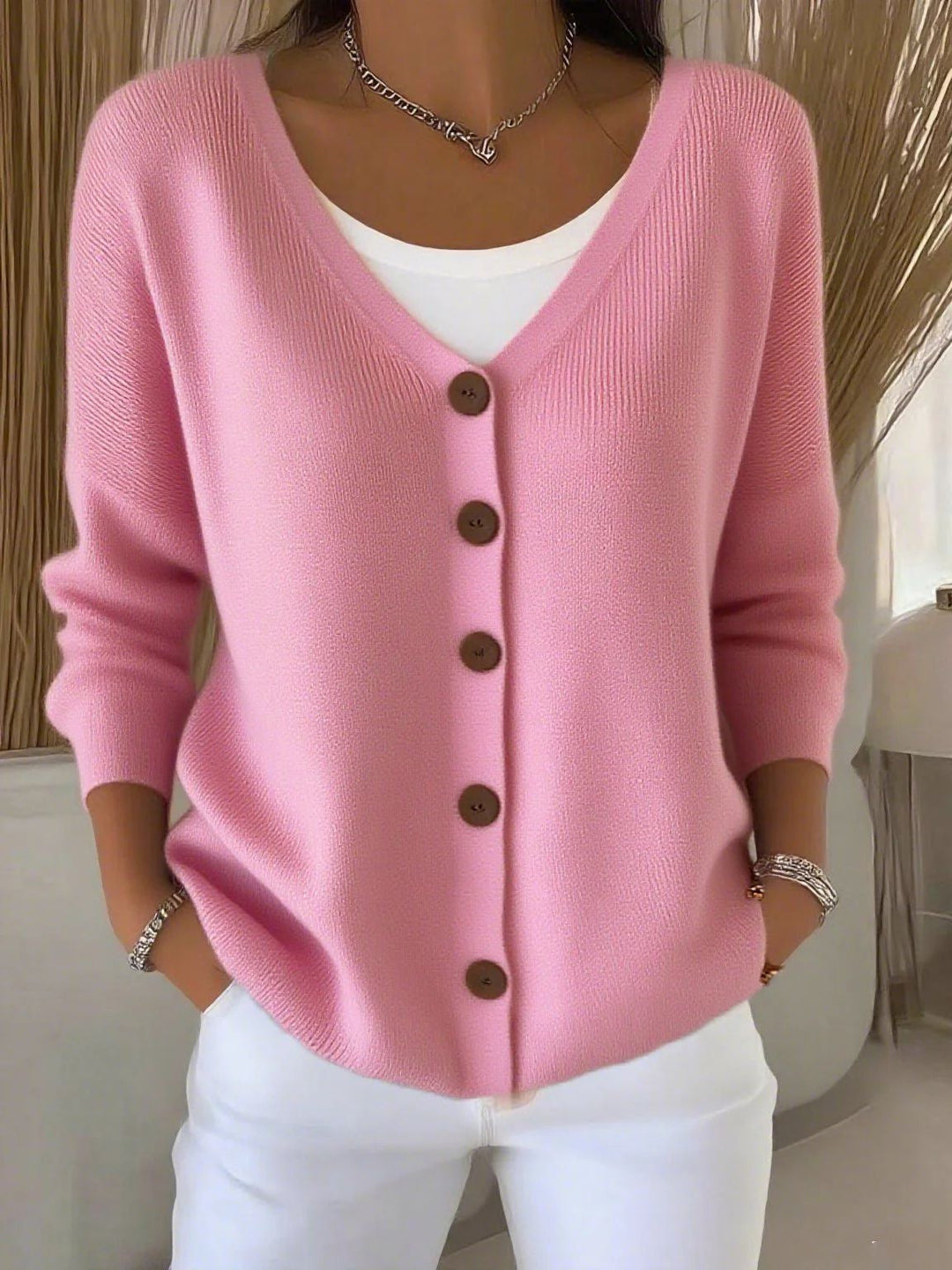 Zeitloser Strickpullover mit V-Ausschnitt und Knöpfen für Damen
