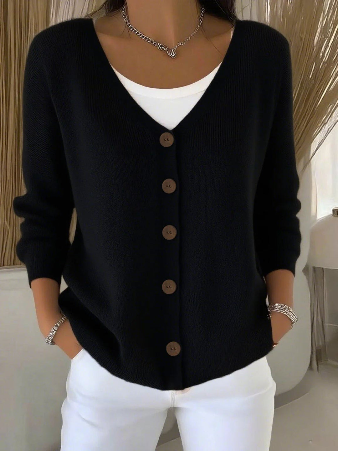 Zeitloser Strickpullover mit V-Ausschnitt und Knöpfen für Damen