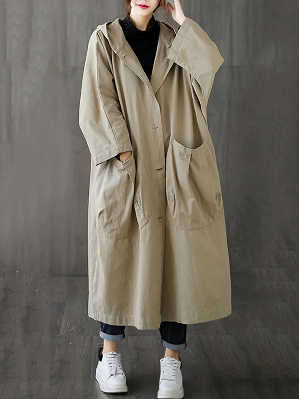 Klassischer Langer Trenchcoat mit Kapuze für Damen