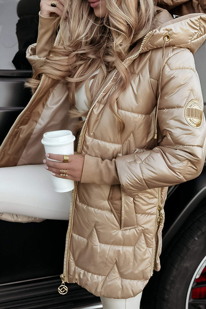 Elegante Lange Steppjacke mit Kapuze für Damen
