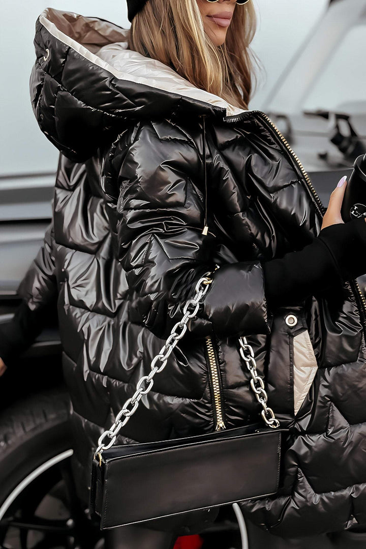 Elegante Lange Steppjacke mit Kapuze für Damen