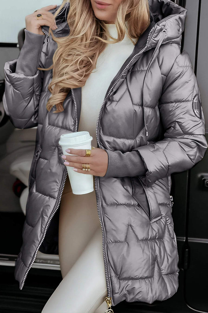 Elegante Lange Steppjacke mit Kapuze für Damen