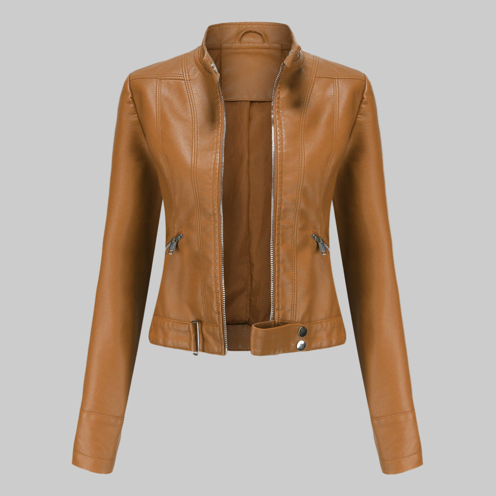 Elegante Kurze Lederjacke mit Stehkragen für Damen