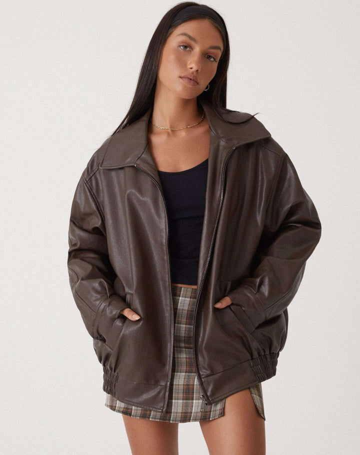 Lässige Oversize Lederjacke mit Reissverschluss für Damen